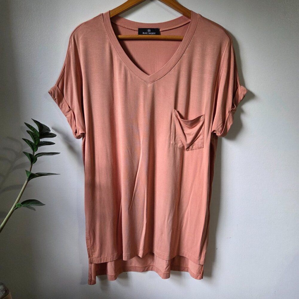 EUC RAE MODE V NECK CUFFED SHORT SLEEVES LOOSE FITTING LONG LINE TEE SIZE SMALL